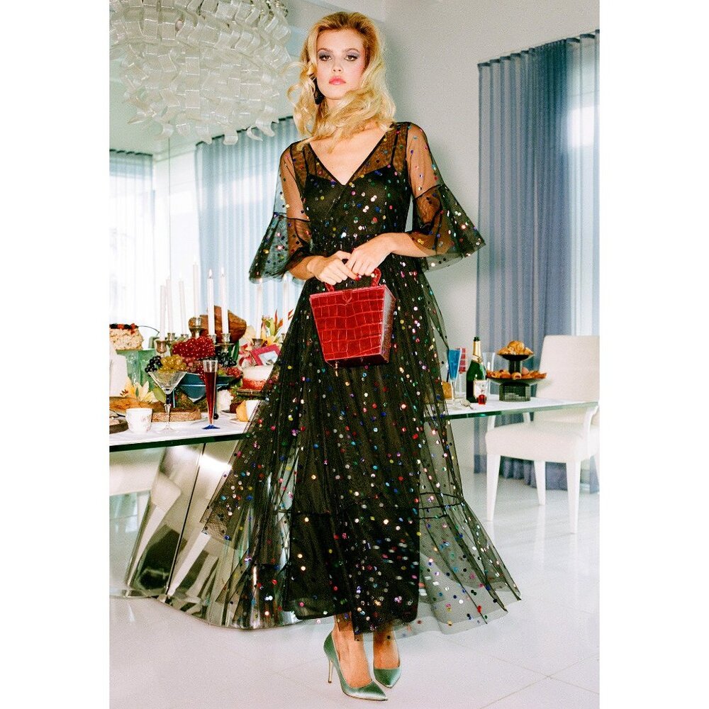 Staud Townhouse Rainbow Confetti Maxi Tulle Dress in Back